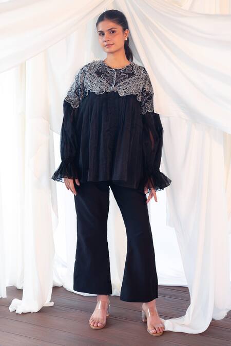 Shop_Aanchal Vijaywargi_Black Organza, Chanderi Embroidery Round Neck Grace Co-ord 