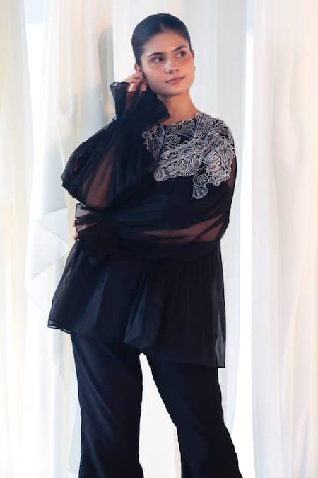 Shop_Aanchal Vijaywargi_Black Organza Embroidery Round Neck Grace Shirt _Online_at_Aza_Fashions