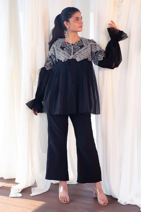 Aanchal Vijaywargi_Black Organza Embroidery Round Neck Grace Shirt _at_Aza_Fashions