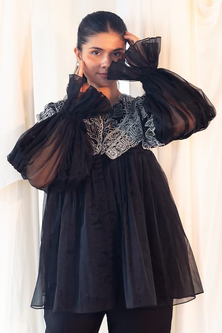 Buy_Aanchal Vijaywargi_Black Organza Embroidery Round Neck Grace Shirt 