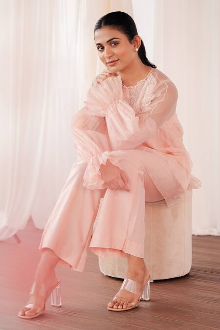 Shop_Aanchal Vijaywargi_Blush Organza, Chanderi Embroidery Round Neck Grace Co-ord Set  _Online_at_Aza_Fashions