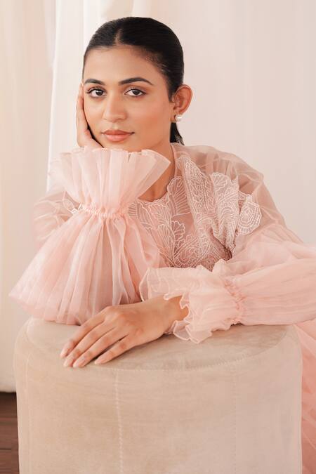 Aanchal Vijaywargi_Blush Organza, Chanderi Embroidery Round Neck Grace Co-ord Set  _at_Aza_Fashions