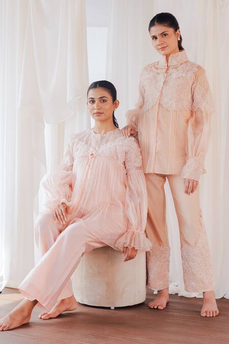 Buy_Aanchal Vijaywargi_Blush Organza, Chanderi Embroidery Round Neck Grace Co-ord Set  