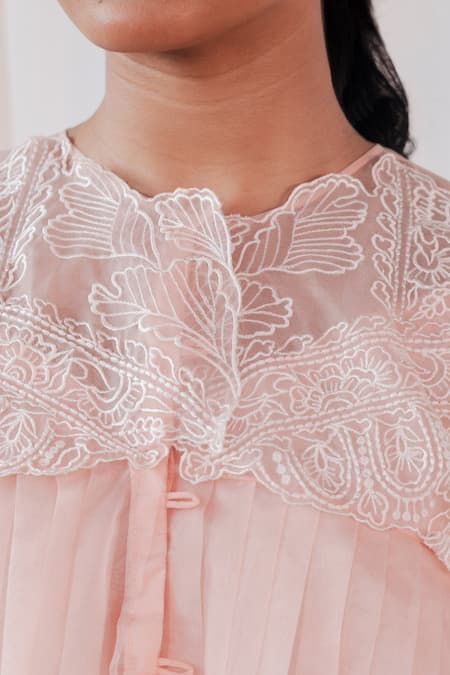 Shop_Aanchal Vijaywargi_Blush Organza, Chanderi Embroidery Round Neck Grace Co-ord Set  