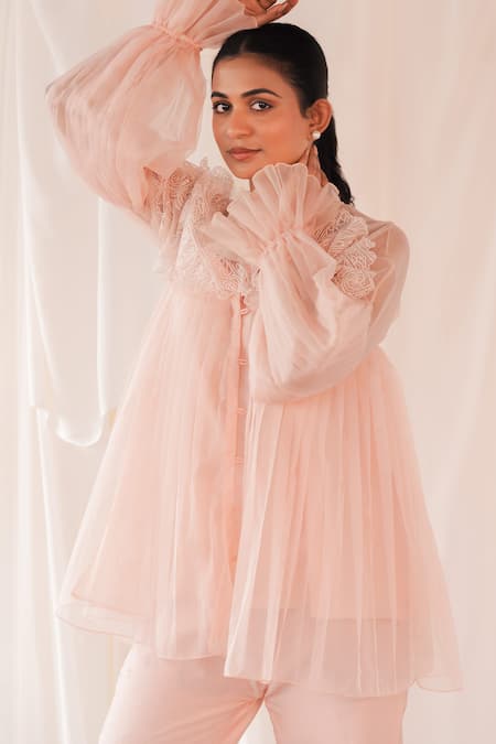 Buy_Aanchal Vijaywargi_Blush Organza Lace Round Neck Grace Shirt _Online_at_Aza_Fashions