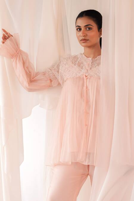 Aanchal Vijaywargi_Blush Organza Lace Round Neck Grace Shirt _at_Aza_Fashions