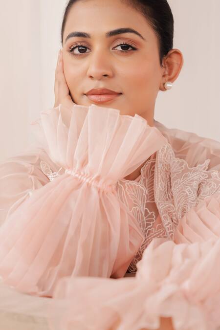 Buy_Aanchal Vijaywargi_Blush Organza Lace Round Neck Grace Shirt 