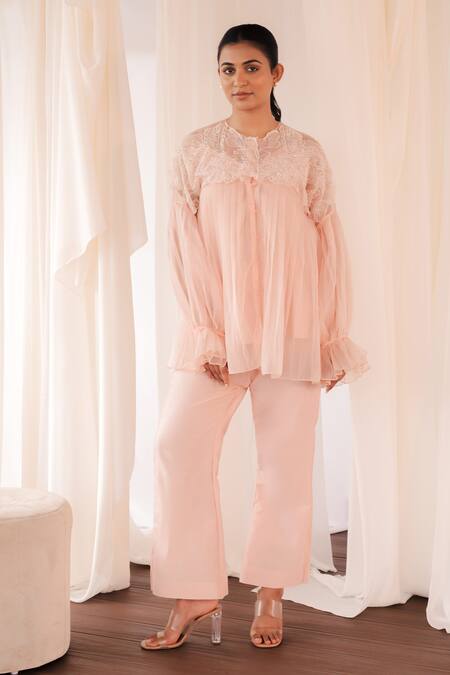 Shop_Aanchal Vijaywargi_Blush Organza Lace Round Neck Grace Shirt 