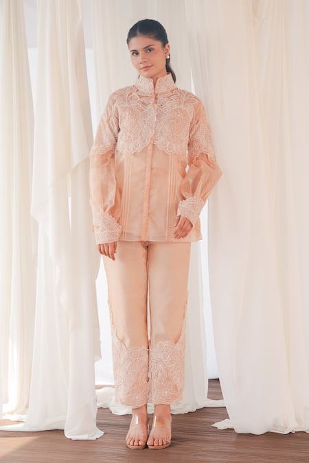 Buy Aanchal Vijaywargi Blush Organza, Chanderi Embroidery High Neck Pink Shadow Co-ord Pant Set Online at Aza Fashions Buy_Aanchal Vijaywargi_Blush Organza, Chanderi Embroidery High Neck Pink Shadow Co-ord Pant Set _Online_at_Aza_Fashions