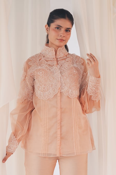 Shop_Aanchal Vijaywargi_Blush Organza Embroidery Mandarin Collar Pink Shadow Shirt _Online_at_Aza_Fashions