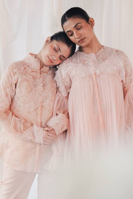Aanchal Vijaywargi_Blush Organza Embroidery Mandarin Collar Pink Shadow Shirt _at_Aza_Fashions