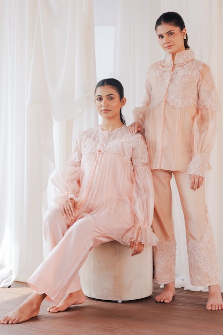 Buy_Aanchal Vijaywargi_Blush Organza Embroidery Mandarin Collar Pink Shadow Shirt 