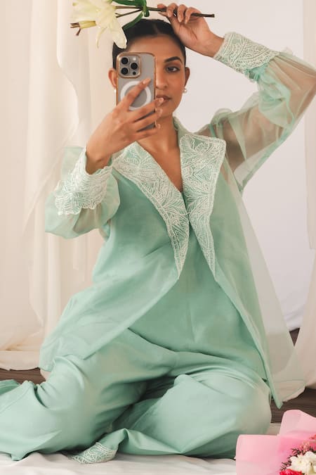 Shop_Aanchal Vijaywargi_Mint Organza, Chanderi Embroidery V-neck Whisper Coord Green Set _Online_at_Aza_Fashions