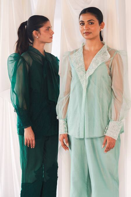 Buy_Aanchal Vijaywargi_Mint Organza, Chanderi Embroidery V-neck Whisper Coord Green Set 