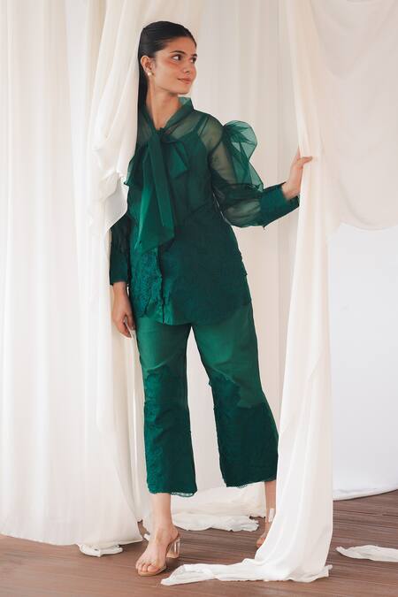 Buy_Aanchal Vijaywargi_Green Organza, Chanderi Lace Collared Echo Coord Deep Pant Set _Online_at_Aza_Fashions
