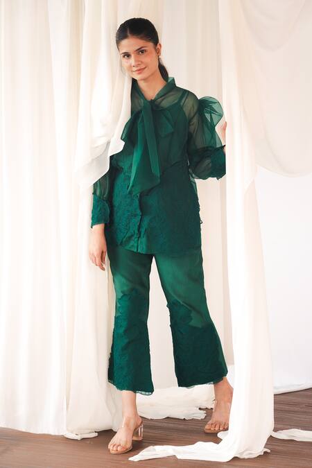 Shop_Aanchal Vijaywargi_Green Organza, Chanderi Lace Collared Echo Coord Deep Pant Set _Online_at_Aza_Fashions