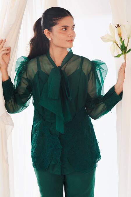 Aanchal Vijaywargi_Green Organza, Chanderi Lace Collared Echo Coord Deep Pant Set _at_Aza_Fashions