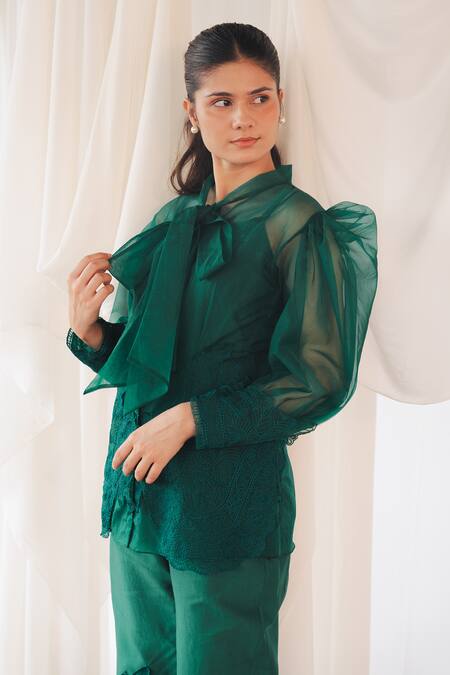 Buy_Aanchal Vijaywargi_Green Organza, Chanderi Lace Collared Echo Coord Deep Pant Set 