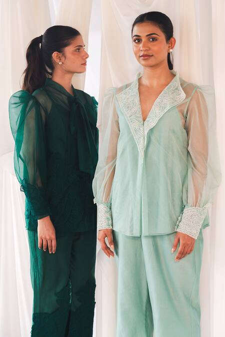 Shop_Aanchal Vijaywargi_Green Organza, Chanderi Lace Collared Echo Coord Deep Pant Set 
