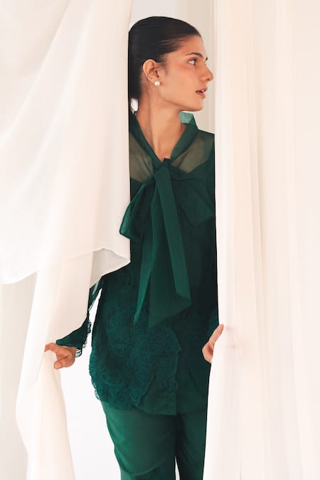 Shop_Aanchal Vijaywargi_Green Organza Lace Open Neck Echo Shirt _Online_at_Aza_Fashions