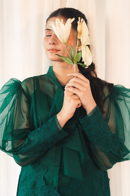 Aanchal Vijaywargi_Green Organza Lace Open Neck Echo Shirt _at_Aza_Fashions