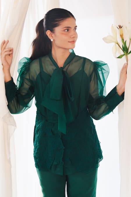 Buy_Aanchal Vijaywargi_Green Organza Lace Open Neck Echo Shirt 