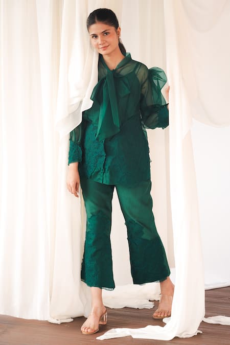 Shop_Aanchal Vijaywargi_Green Organza Lace Open Neck Echo Shirt 