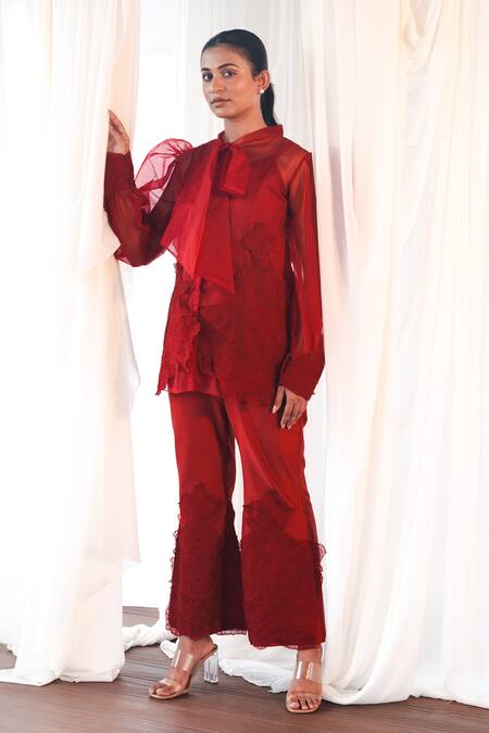 Shop_Aanchal Vijaywargi_Red Organza, Chanderi Lace Echo Coord Set  _Online_at_Aza_Fashions