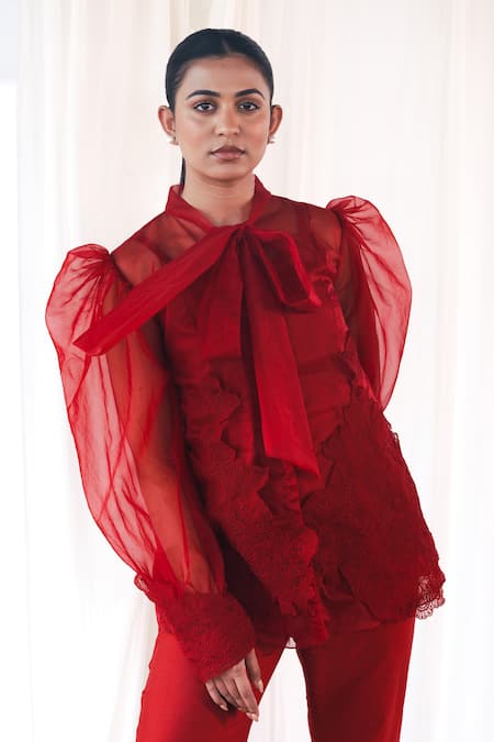 Buy_Aanchal Vijaywargi_Red Organza, Chanderi Lace Echo Coord Set  