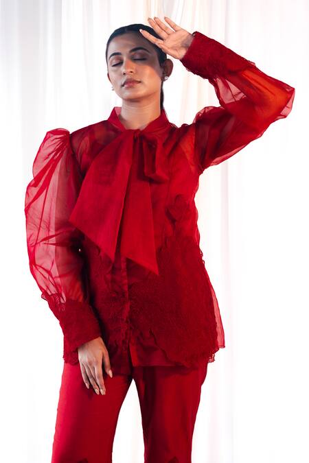 Shop_Aanchal Vijaywargi_Red Organza, Chanderi Lace Echo Coord Set  