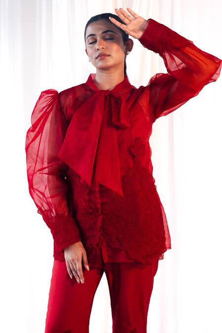 Aanchal Vijaywargi_Red Organza Lace Open Neck Echo Puff Sleeve Shirt  _at_Aza_Fashions