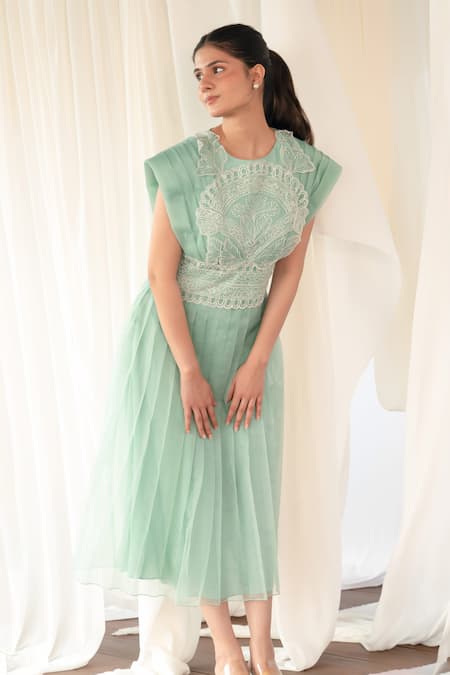 Aanchal Vijaywargi_Mint Organza Embroidery Round Neck Green Pleated Midi Dress _Online_at_Aza_Fashions