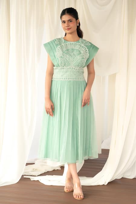 Buy_Aanchal Vijaywargi_Mint Organza Embroidery Round Neck Green Pleated Midi Dress _Online_at_Aza_Fashions