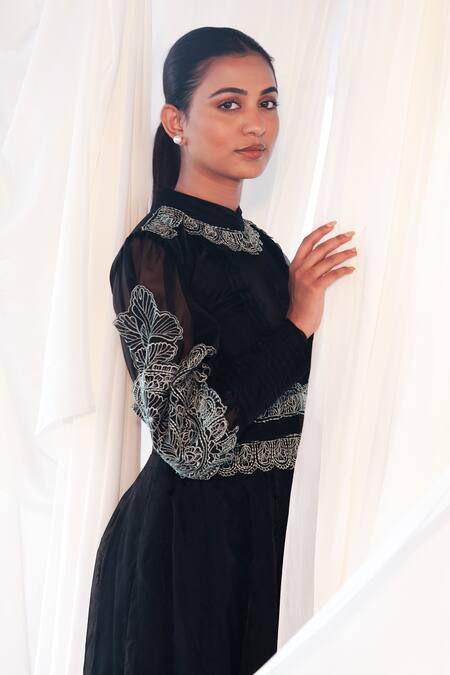 Buy_Aanchal Vijaywargi_Black Organza Embroidery Round Neck Nirvana Midi Dress  _Online_at_Aza_Fashions