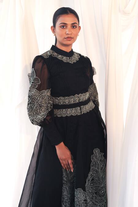 Aanchal Vijaywargi_Black Organza Embroidery Round Neck Nirvana Midi Dress  _at_Aza_Fashions