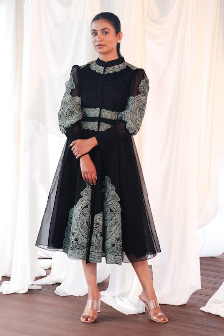 Buy_Aanchal Vijaywargi_Black Organza Embroidery Round Neck Nirvana Midi Dress  