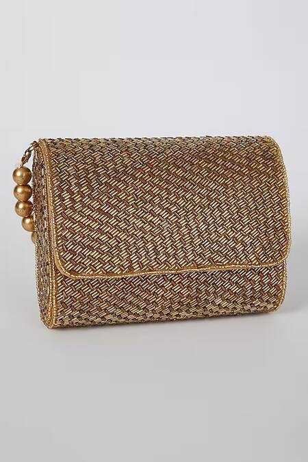 Buy_A Clutch Story_Gold Beads Flapover Clutch_Online_at_Aza_Fashions