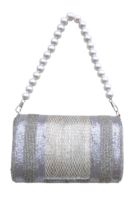 A Clutch Story Silver Brass Beaded Clutch Bag 