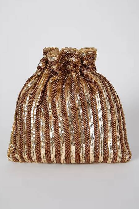 A Clutch Story_Gold Sequins, Tassels Antique Embroidered Potli _Online_at_Aza_Fashions