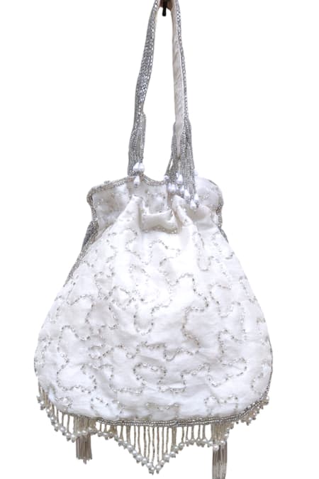 A Clutch Story_Silver Beads, Pearls Fringe Glam Tassels Potli _Online_at_Aza_Fashions