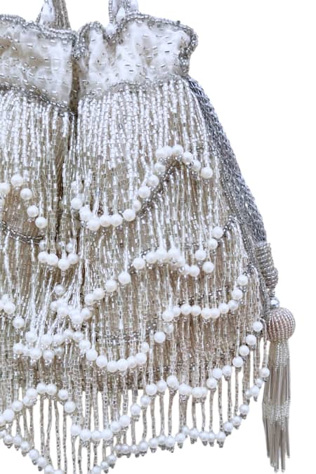 Buy_A Clutch Story_Silver Beads, Pearls Fringe Glam Tassels Potli _Online_at_Aza_Fashions