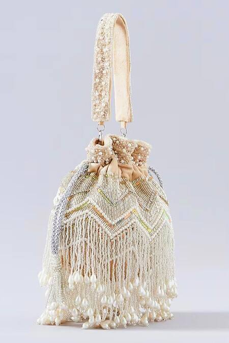 A Clutch Story_Beige Pearls, Embroidery Potli _Online_at_Aza_Fashions