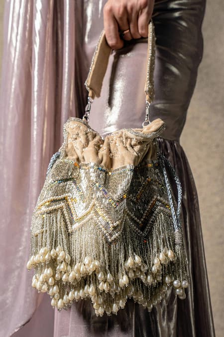 A Clutch Story Beige Pearls, Embroidery Potli 