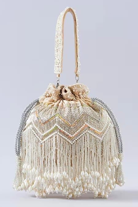 A Clutch Story Beige Pearl Handembroidered Potli 