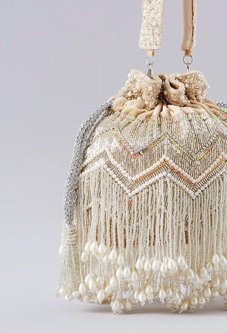 Shop_A Clutch Story_Beige Pearls, Embroidery Potli _Online_at_Aza_Fashions