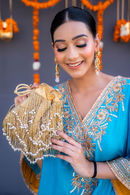 A Clutch Story Gold Beads, Pearls Fringe Glam Handembroidered Potli 