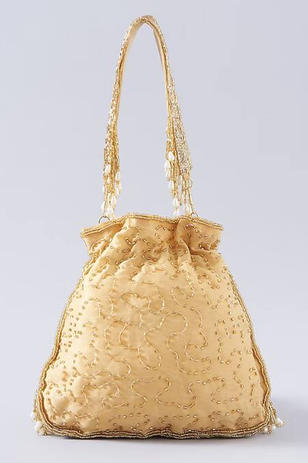 A Clutch Story_Gold Beads, Pearls Fringe Glam Handembroidered Potli _Online_at_Aza_Fashions