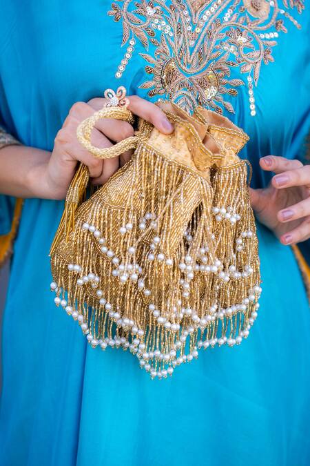 Buy_A Clutch Story_Gold Beads, Pearls Fringe Glam Handembroidered Potli _Online_at_Aza_Fashions