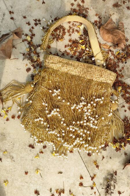 Shop_A Clutch Story_Gold Beads, Pearls Fringe Glam Handembroidered Potli _Online_at_Aza_Fashions
