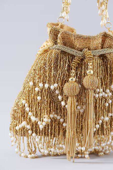 A Clutch Story_Gold Beads, Pearls Fringe Glam Handembroidered Potli _at_Aza_Fashions